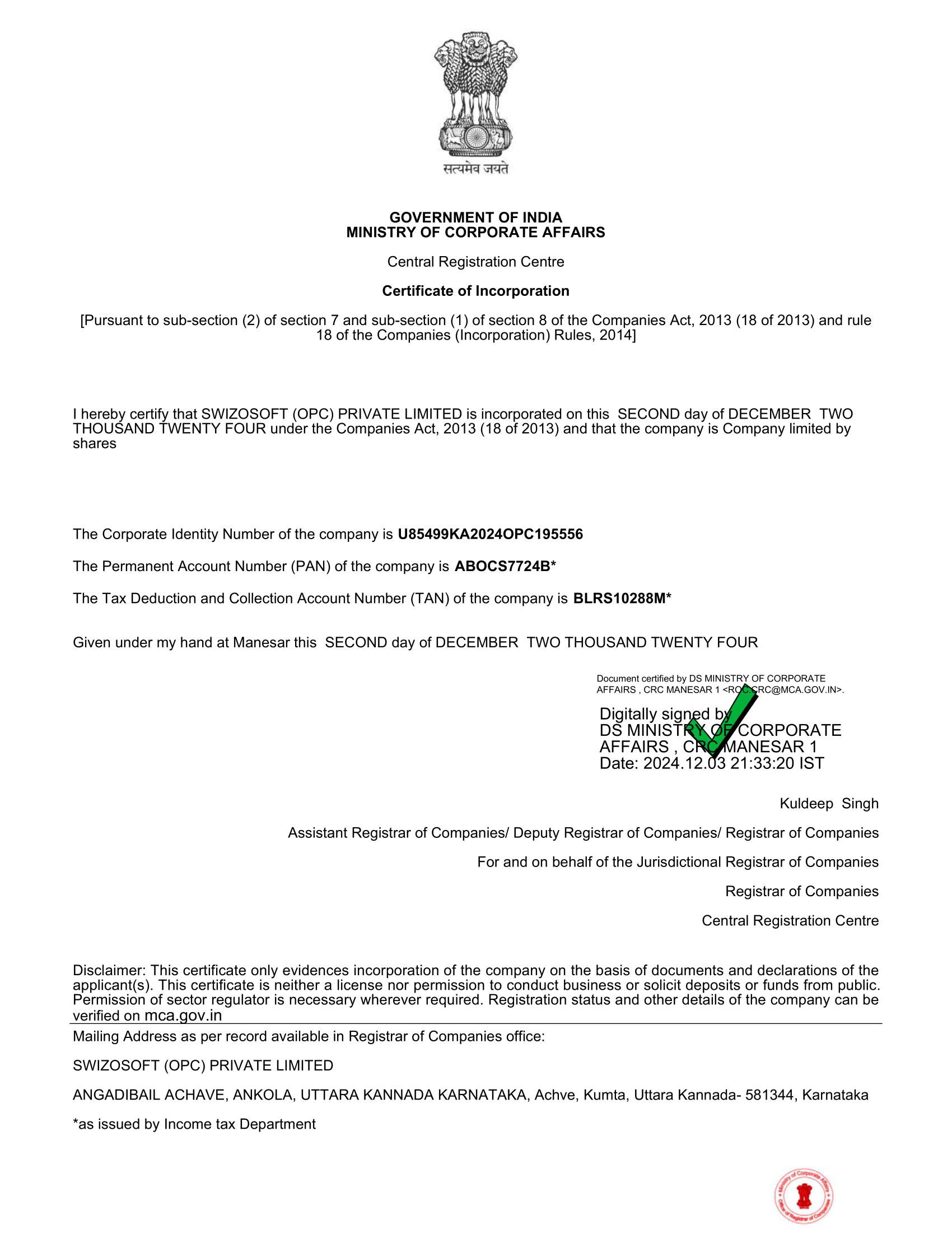 MCA Incorporation